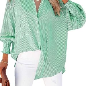 Womens Smocked Cuffed Striped Boyfriend Shirt Casual Collar Long Sleeve Oversize